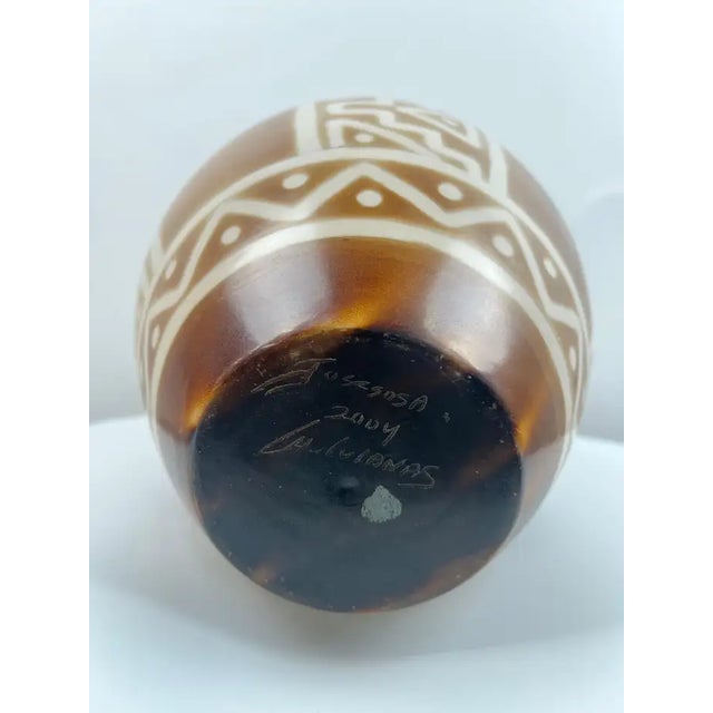 Studio Pottery Brown & Off White Vase W Tribal-Inspired Geometric Motifs Signed For Sale - Image 13 of 13