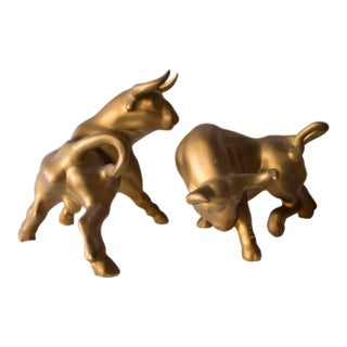 Vintage Ceramic Gold Metallic Bulls - A Pair For Sale