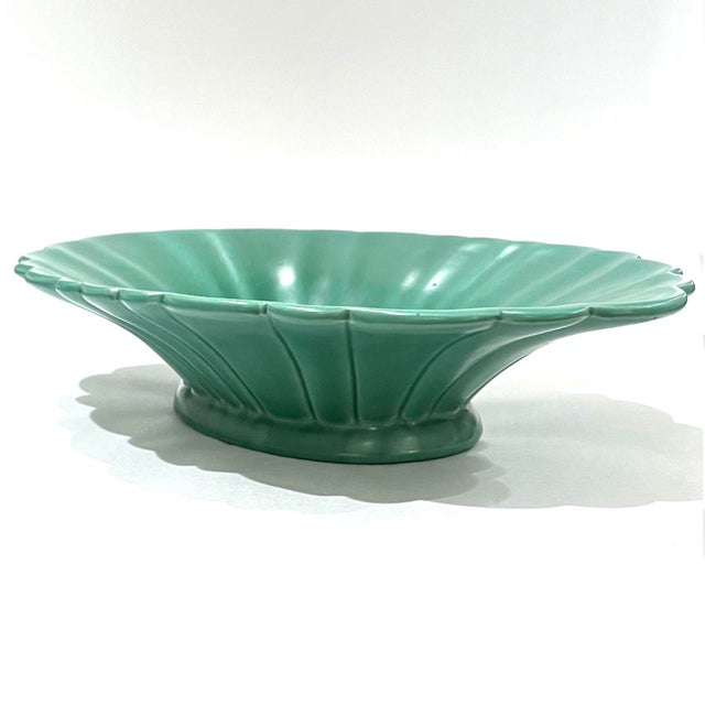 1930's Catalina Island Pottery Oval Scalloped Footed Centerpiece Bowl in Descano Green For Sale - Image 4 of 12