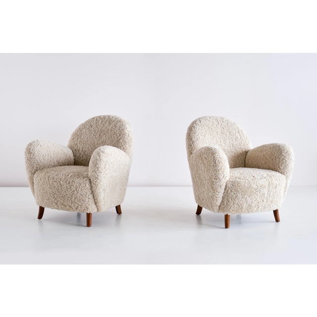 Set of Danish Sheepskin & Beech Armchairs by Thorald Madsen, 1930s For Sale - Image 3 of 16