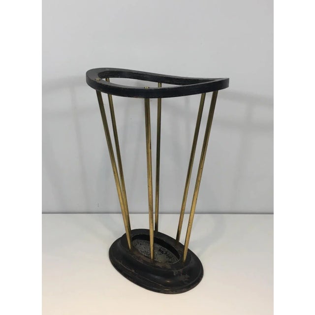 Attributed to Jacques Adnet, Ebonized Wood and Brass Umbrella Stand For Sale - Image 9 of 13