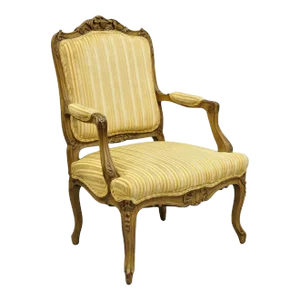 Vintage French Louis XV Style Carved Walnut Fauteuil Parlor Lounge Arm Chair