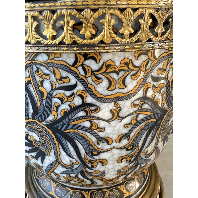Baroque Vintage Early-Mid 20th Century Hand Painted White, Blue & Gold Porcelain and Brass Urn With Lid For Sale - Image 3 of 12