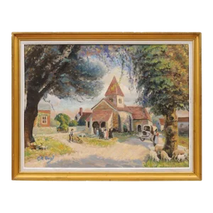 French Impressionist Style 1950s Oil on Canvas Painting Depicting a Small Church