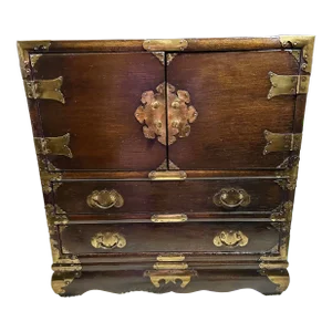 1970s Korean, Tansu-Style, Jewelry Chest Made of Elmwood and Decorated With Brass Hardware