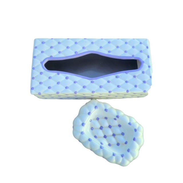 1970s Vintage Ceramic Tufted Purple White Polka Dot Tissue Box Cover Soap Dish For Sale - Image 5 of 6