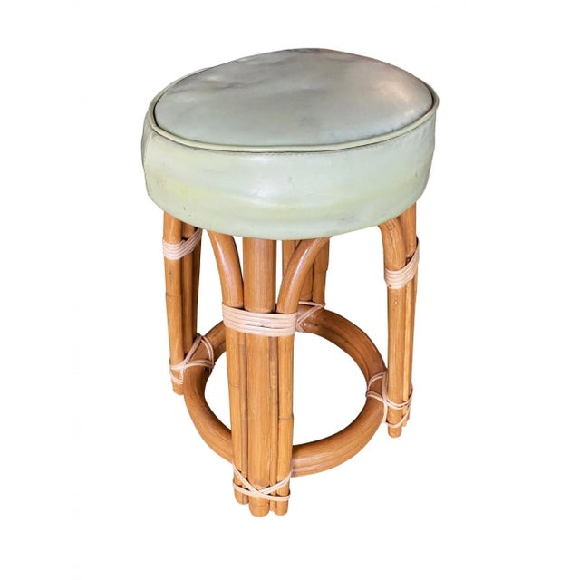1950s Restored Single Stand Arched Rattan Vanity Stool with Teal Seat For Sale In Los Angeles - Image 6 of 7
