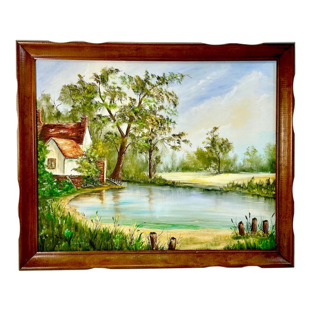1983 Vintage Impressionist Boho Chic Original Oil Painting, Lake House by Donna Semm For Sale