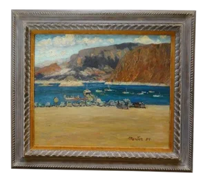 1950s Vintage Mentor Huebner “Boat Landing, Lake Mead” Oil on Board Painting