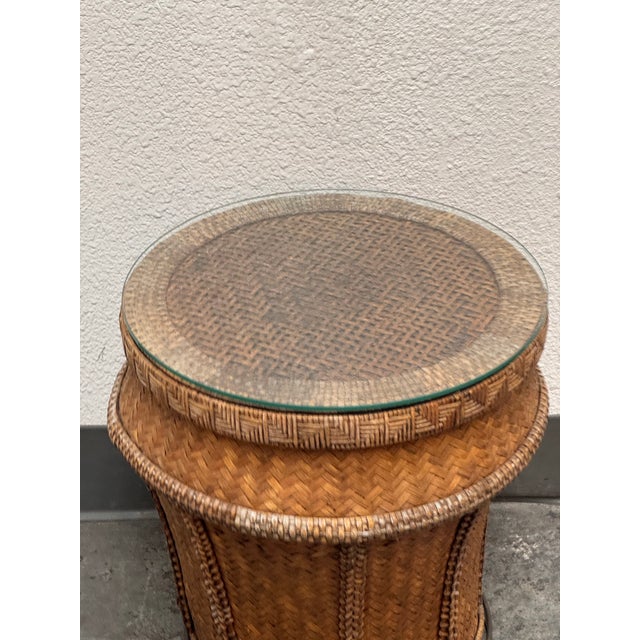 Late 20th Century Woven Rattan Drum Side Table + Glass Top, Vintage For Sale - Image 5 of 12