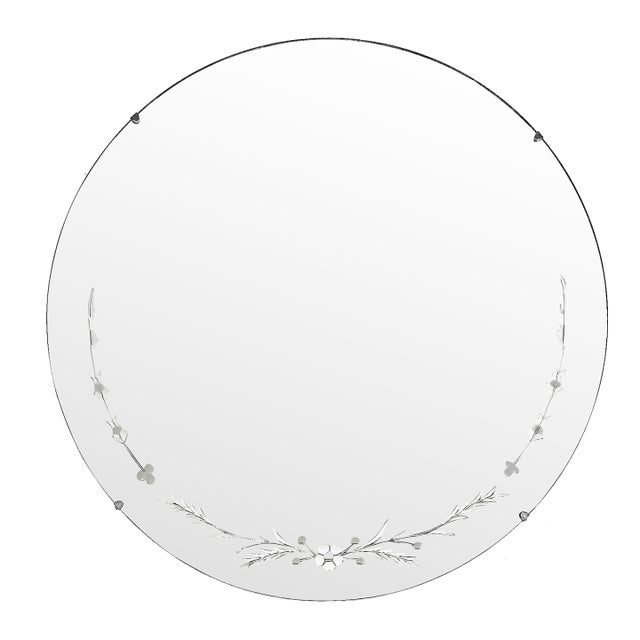 Art Deco Style Round Etched Wheel Cut Glass Mirror, Circa 1940 For Sale