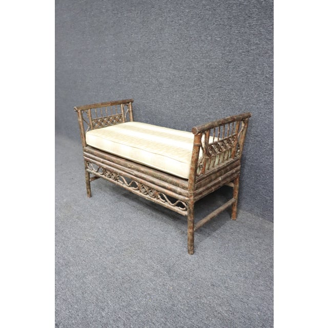 Sponge decorated bamboo window seat bench with cane bottom. 20.5" seat height with cushion