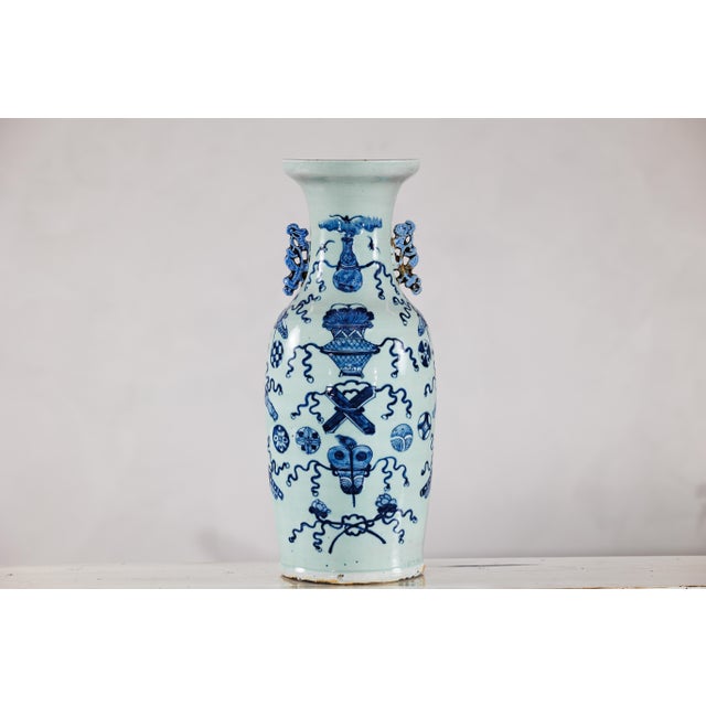 Blue and White Chinese Altar Vase with Light Celadon Tint For Sale - Image 4 of 18