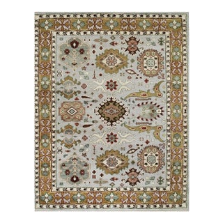 10x14 Gray Hand-Knotted Wool Botanical Accent Border Geometric Modern Carpet Rug For Sale