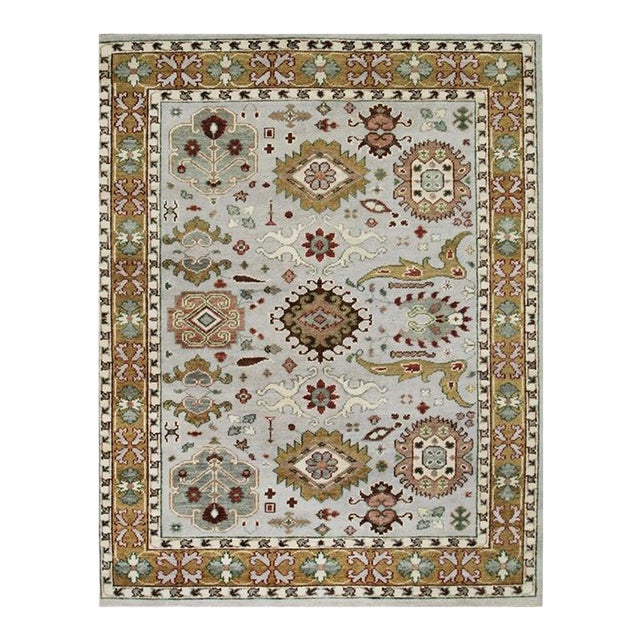 10x14 Gray Hand-Knotted Wool Botanical Accent Border Geometric Modern Carpet Rug For Sale