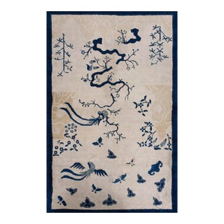 1920s Ivory Scenic Bird of Paradise Antique Chinese Bat Cloud Band Peking Rug For Sale