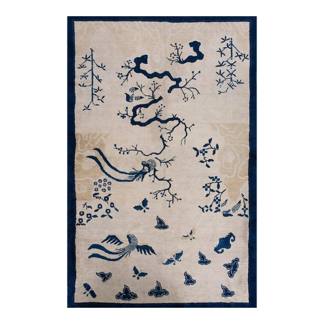 Special Ivory Color With Floral Details in Animalia Design Antique Chinese Peking Rug For Sale