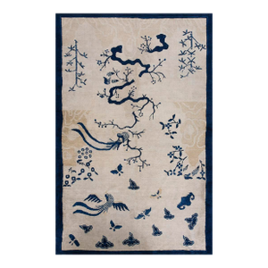 Special Ivory Color With Floral Details in Animalia Design Antique Chinese Peking Rug