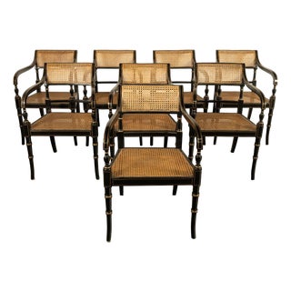 1960s Set Eight Federal Style Japanned & Gilded Dining Arm Chairs Kittinger Furniture For Sale
