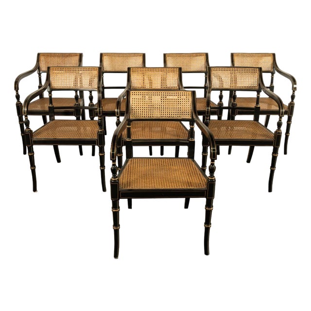 1960s Set Eight Federal Style Japanned & Gilded Dining Arm Chairs Kittinger Furniture For Sale