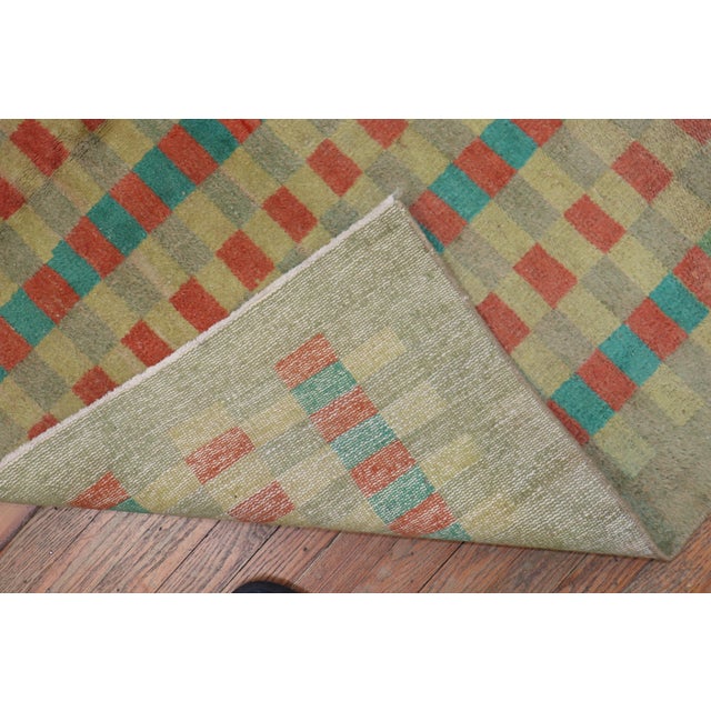Mid-Century Modern Mint Green Vintage Turkish Anatolian Deco Checkerboard Rug For Sale - Image 3 of 18