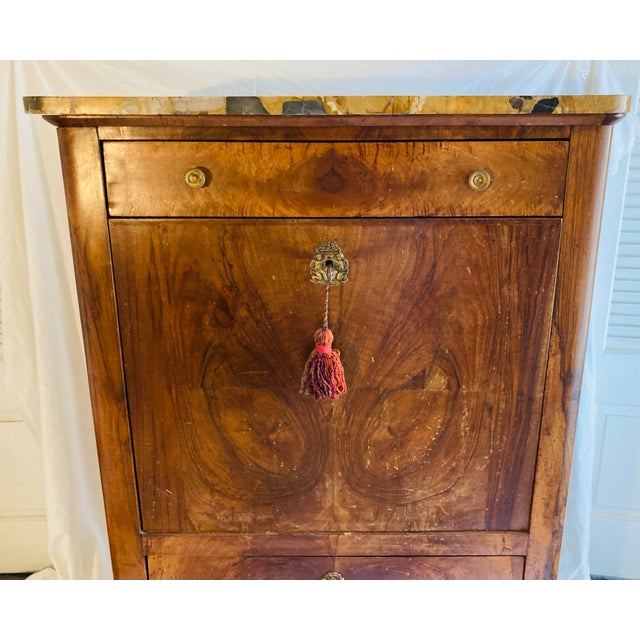 Louis Philippe Antique French Louis Philippe Secretary in Walnut With Marble Top Leather Gilt Embossed Writing Surface For Sale - Image 4 of 11