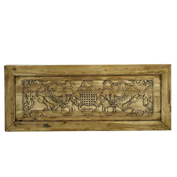 Hand Carved Dancing Lions Wood Wall Panel For Sale