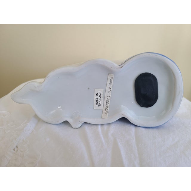 Blue 1980s Thai Blue & White Sleeping Boy Piggy Bank Figurine For Sale - Image 8 of 13