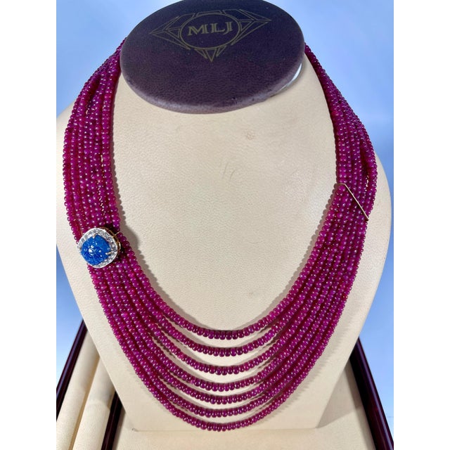 Ruby Red 480 Ct 7 Layer Natural Smooth Ruby Bead Necklace 14k Gold Sapphire Diamond Clasp For Sale - Image 8 of 18