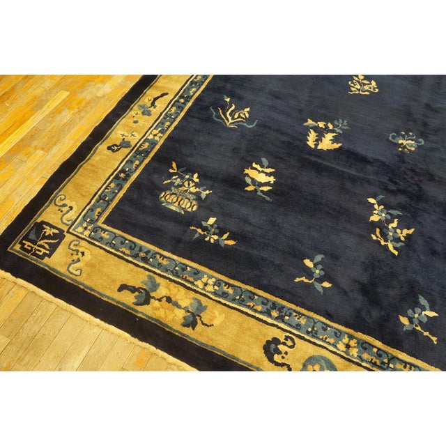 1930s Navy Floral Deco Antique Chinese Peking Knotted Wool Rug 8'2" X 9'8" For Sale - Image 10 of 12