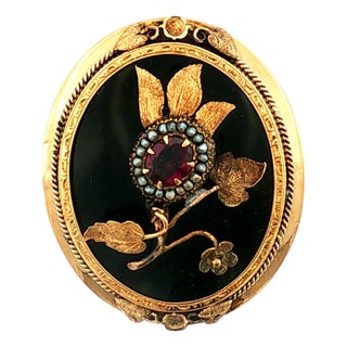 19th Century Victorian 10k Yellow Gold Black Onyx, Garnet and Seed Pearl Floral Brooch For Sale