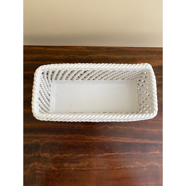 French Country White Ceramic Woven Rope Cachepot Basket For Sale - Image 4 of 8