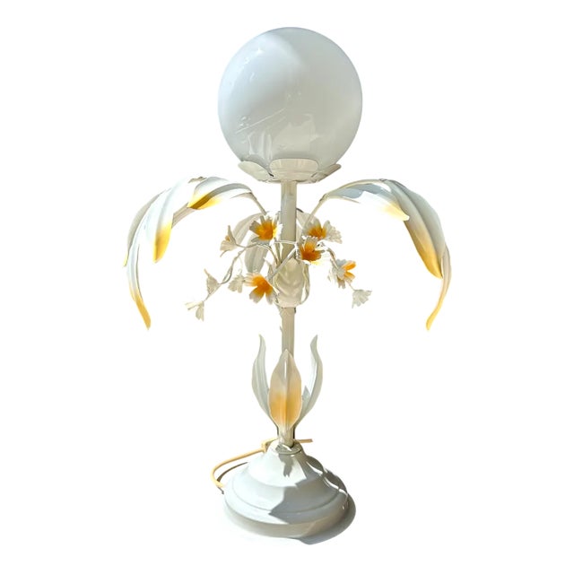 Florentine Style Plant-Shaped Table Lamp in Metal & Opal Glass by Sergio Terzani, Italy 1970s For Sale