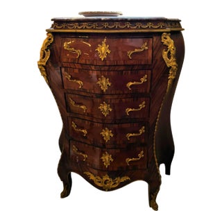 French Bombe Lingerie Chest With Marble Top, Gold Leaf Accents & Five Functional Drawers For Sale