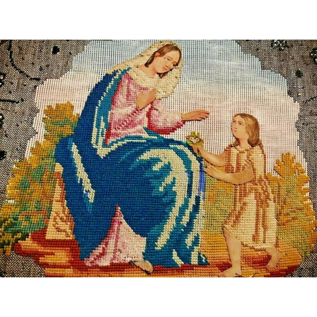 19th Century Antique French Hand Stitched Framed Needlepoint Tapestry "Ste Marie" For Sale - Image 9 of 13