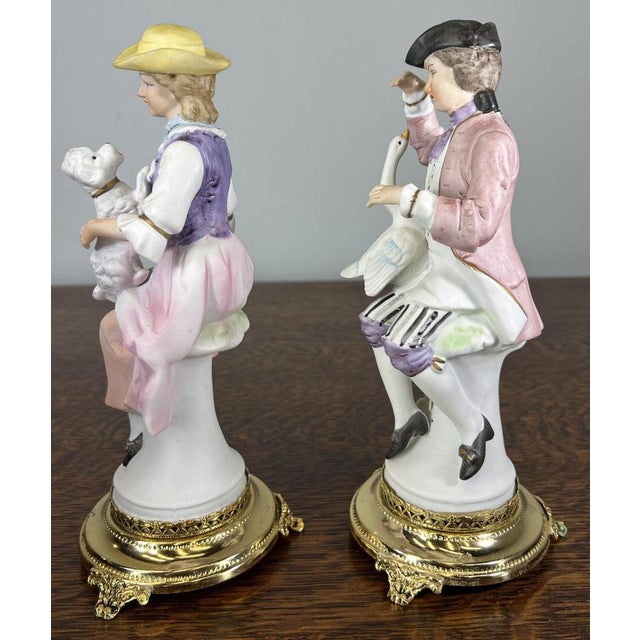 Vintage French Style Porcelain Figurines on Brass Stands, Set of 2 For Sale - Image 3 of 10