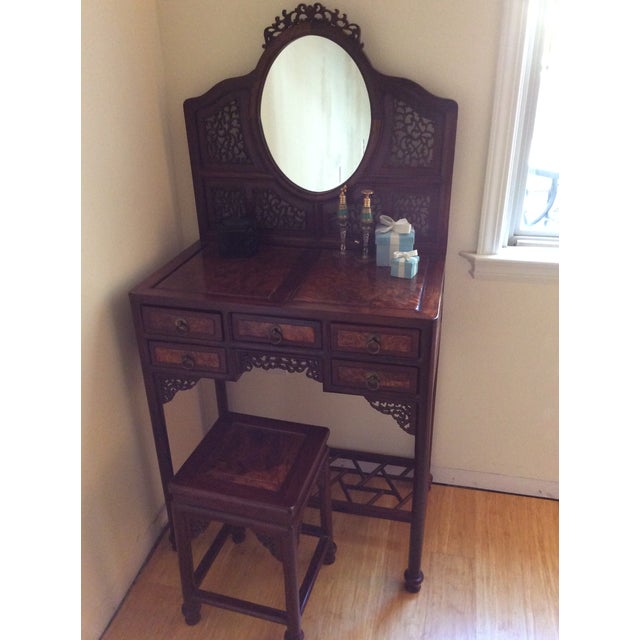 20th Century Chinese Burl Wood and Blackwood Dressing Table with Stool - 2 Pieces For Sale In San Francisco - Image 6 of 12