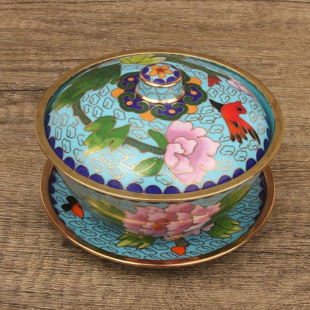 Vintage Cloisonné Enamel Lidded Bowls With Saucers – Floral & Bird Motif - Set of 4 For Sale - Image 10 of 18