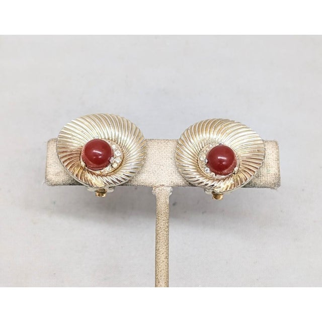 Red Vintage 1950s Signed Boucher Round Goldtone Faux-Carnelian Cabochon Clip Earrings-2 Pieces For Sale - Image 8 of 11