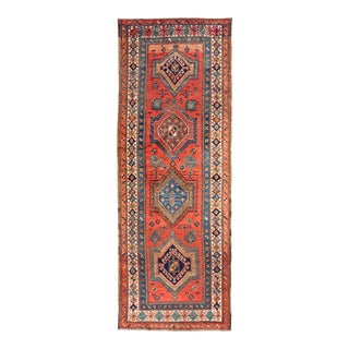 Antique Northwest Persian Runner With Geometric Medallions and Bold Colors 3'4"x9'9" For Sale