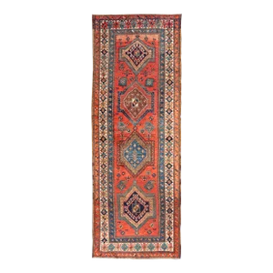 Antique Northwest Persian Runner With Geometric Medallions and Bold Colors 3'4"x9'9"