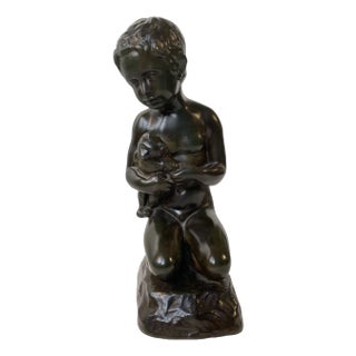 Art Deco Sculpture of Boy with Teddy Bear by Just Andersen & E. Borch, 1940s For Sale