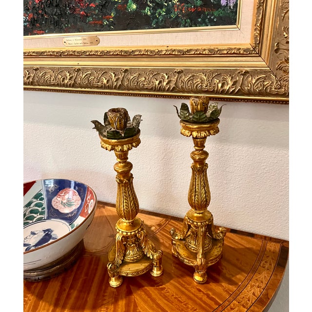 Wood Antique Early 1900s Gilded Wood Ornate Candle Holders - A Pair For Sale - Image 7 of 15