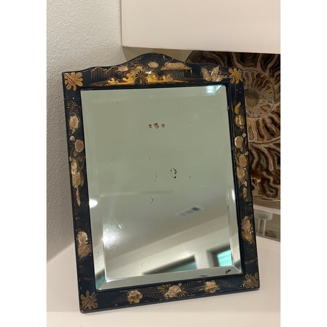 Antique English Chinoiserie Black Japanned Dressing Table Mirror / Table Top Easel Mirror For Sale - Image 4 of 18
