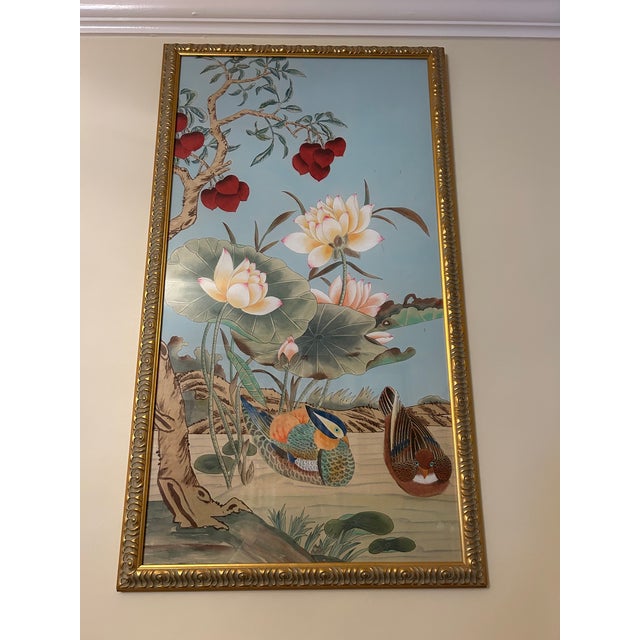 Wood 1990s Chinoiserie Oil on Silk Painting of Birds With Lotus Blooms by Chelsea - a Pair For Sale - Image 7 of 18