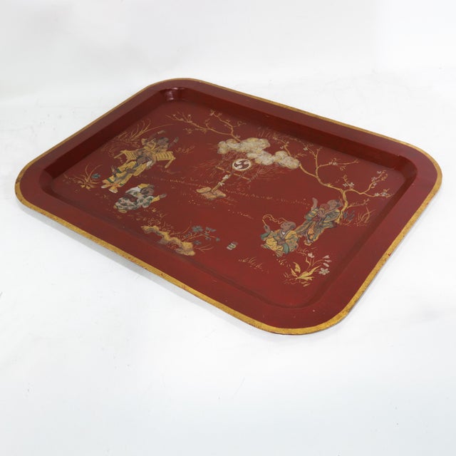 Vintage Red Lacquer Rectangular Tray With Hand Painted Gold Asian Festival Scene and Chinoiserie Style For Sale - Image 4 of 13