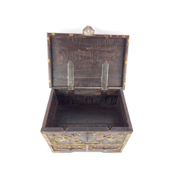 Mid 20th Century 1950s Indian Rosewood Jewelry Chest With Brass Mounts & Hidden Drawers For Sale - Image 5 of 13