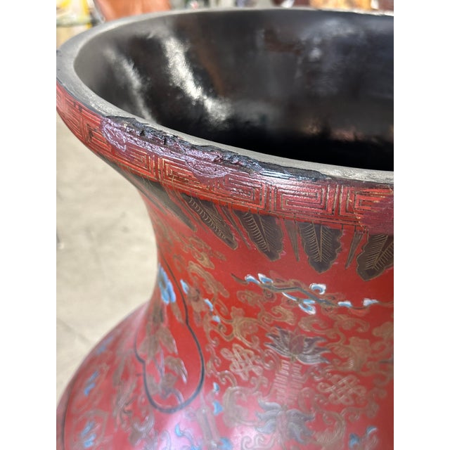 Large 19th Century Chinese Red Lacquered Palace Vases on Stands For Sale In Palm Springs - Image 6 of 18