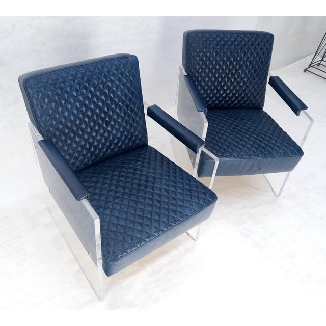Pair of blue Quilted Leather Upholstery Seats Lucite Base Arm Lounge Club Chairs For Sale - Image 12 of 14