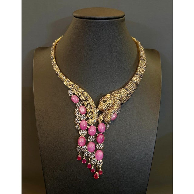 Pink Bochic “Capri” Vintage Diamond, Ruby & Fancy Sapphire Necklace Set 18K & Silver For Sale - Image 8 of 15